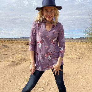 Loose fit floral steerhead skull babydoll top - MADE IN THE USA